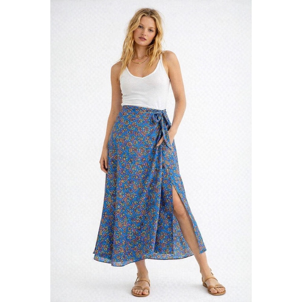 Iris Imports Reversible Silk Wrap Skirt OS Blue Floral Paisley Boho Cottage‎